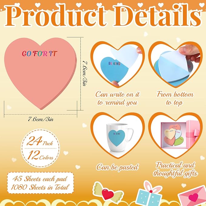 Teling 24 Pack Valentine's Day Sticky Notes Heart Shape Sticky Notes 3 x 3 Inch Motivational Notepads Bulk Cute Memo Pads for Galentines Party Gifts School Office Supplies (Pastel)