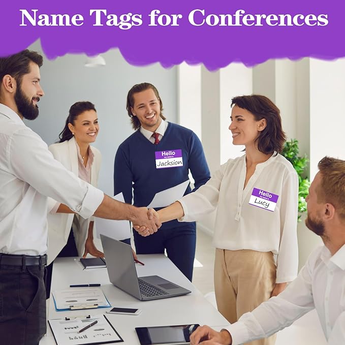 200 Pcs Name Tags,Hello My Name is Stickers,Purple Name Tag Stickers, Adhesive Name Label for Office,Meeting,School,Teachers and Mailing(3.5" x 2.25")