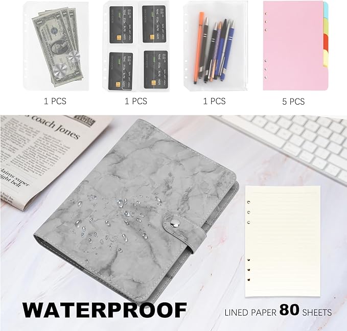 FYY A5 Binder Refillable Planner Notebook 6 Ring PU Leather Binder Journal with Pockets, Dividers, Refill Paper Marble Grey