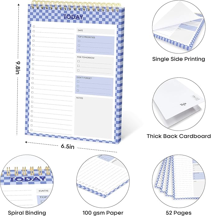 To Do List Pad - To Do List Notebook for Work, Undated Daily Planner Perfect for Office, Home and School, To Do List Notepad for Tasks & Goals with 52 Sheets - Indigo Checkered
