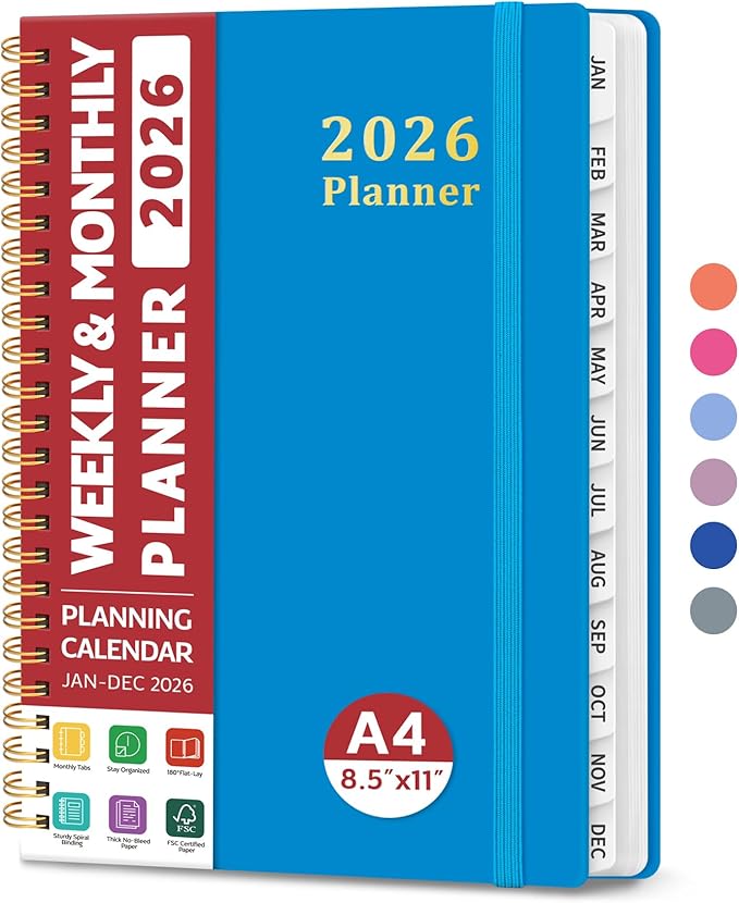 2026 Planner, Weekly and Monthly Calendar Planner, January 2026 - December 2026, Hardcover 2026 Calendar Book with Tabs For Women & Men, Inner Pocket, Spiral Bound, Perfect for Office Home School Supplies - A4 (8.5" x 11"), Azure Blue