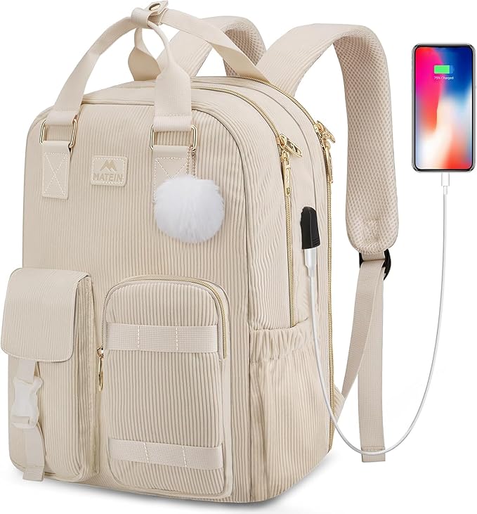 MATEIN Backpack for Teen Girls, 15.6 Inch Cute Corduroy Laptop Backpack Aesthetic College School Bookbag with USB Charging Port, TSA Lightweight Soft Kawaii Travel Backpacks for Women Nurse, Beige