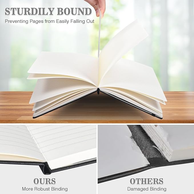 OMEYA 4 Pack Lined Journal Notebooks for Work, 100gsm Thick Paper, 5.7"x 8.3", College Ruled A5 Black Notebook Bulk, Leather Journal for Writing, Hardcover Notebooks for School, Office, Journal for Men