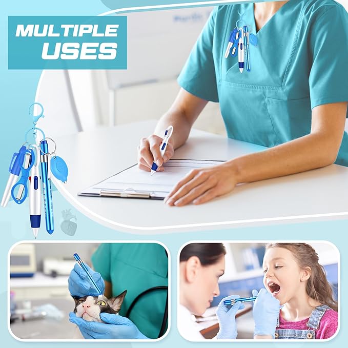 6 Pcs Nurse Pen Set Include Permanent Marker Pen Retractable Ballpoint Pen Keychain Clip Foldable Scissors Lights LED Flashlight Keychain for Nurse Accessories(Blue)