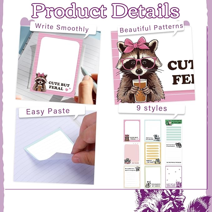 Raccoon Sticky Notes Gifts, 9 Pack Funny Raccoon Notepads 3x4 Inch, Animals Themed Self-Stick Memo Pads, Office School Supplies for Men Women, Funny Gifts for Students Coworkers (450 Sheets)