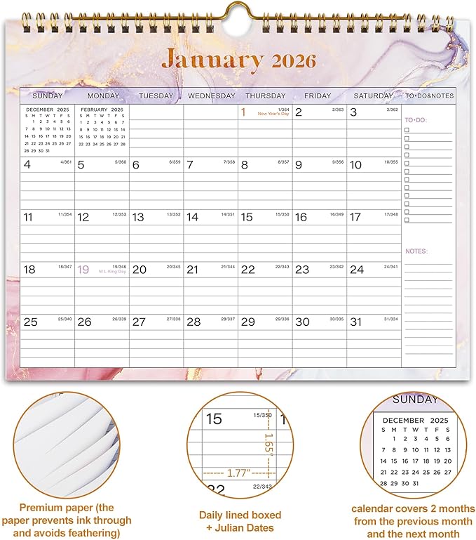 2026 Wall Calendar - 12 Monthly Calendar 2026, January 2026 - December 2026,11.5" x 14.8", 2026 Calendar with Twin-Wire Binding, Hanging Hook, Blocks and Julian Dates (Wall Calendar Purple)