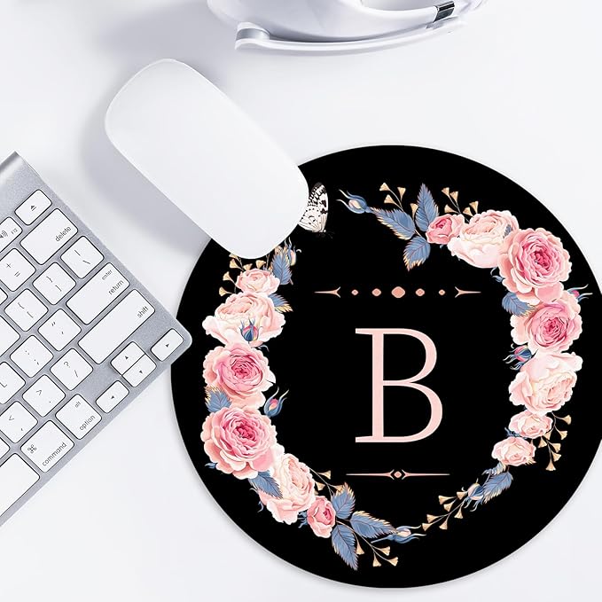 Letter B Black and Pink Flowers Round Mouse Pad, Funny Small Mouse Mat with Non-Slip Rubber Base, Home Office Decor Desk Accessory, 8.7inch Round