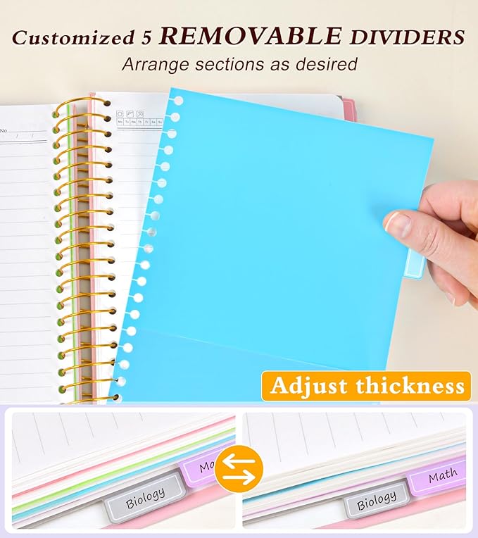 5 Subject Notebook College Ruled, A5 Hardcover Spiral Notebook with Removable Pocket Dividers Tabs, 240 Pages Lined Spiral Journal Notebook for Women, 6x8.5 Notebooks for Work School Note taking Pink