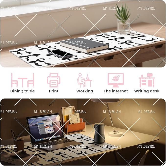 Black Bow Mouse Pad Large, Desk Mat Black and White Desk Computer Mat, Non-Slip Rubber Base Gaming Mousepad Keyboard Mat Laptop Pad, Desktop Mat Bows Office Accessories Desk Decor 23.6 x 11.8in