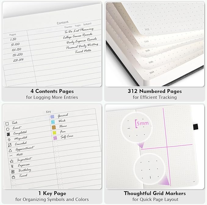 Bullet Dotted Journal, Large A4 Hardcover Leather Journal, 312 Numbered Pages Thick Journal, 100gsm No Bleed Paper Dot Grid Notebook for Women Men, 8.5'' × 11'', Black