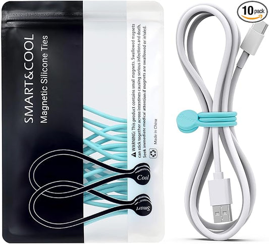 SMART&COOL Reusable Silicone Magnetic Cable Ties for Bundling and Organizing, Holding Stuff, Book Markers, Fridge Magnets, Assorted Color, 7.16'' (10-Pack, Aqua)