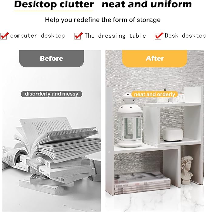 MASAKA B&W - Kawaii Storage Desktop Organizer for Your Desk Space, Double H Plants Display Shelf, Home Office Storage Rack Adjustable Stackable for Office, Dormitory (White*02)