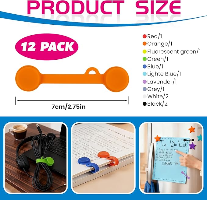 12pcs Silicone Magnetic Cord Organizer Cable Ties Reusable Clips, Cable Straps Phone Cord Holder for Bundling and Organizing, Book Marks, Fridge Magnets Colorful