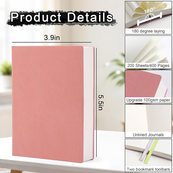 DreamDove Thick Blank Journal Notebook 400Pages Hardcover Sketch Book Notebook Blank Journal Unlined No Lines Soft Leather Cover A6 (3.9 × 5.5) Journal Leather Notepad Drawing Book Memo Writing Sketch Pad Diary Notebook (Warm Powder-400 Page)
