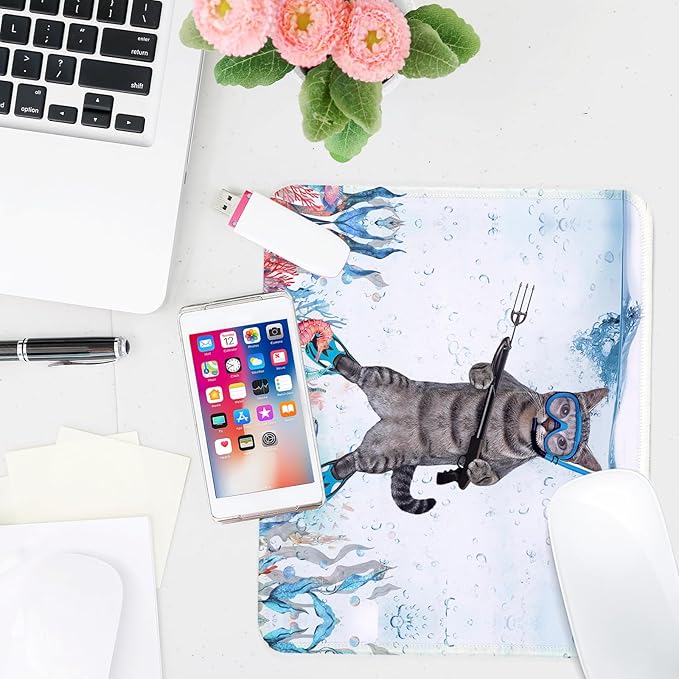 Funny Diving Cat Square Mouse Pad,Non-Slip Rubber Base Mouse Pad,Home Office Decoration Desktop Accessory,Laptop Mouse Pad for Office Laptops,9.4x7.8x0.12inch.