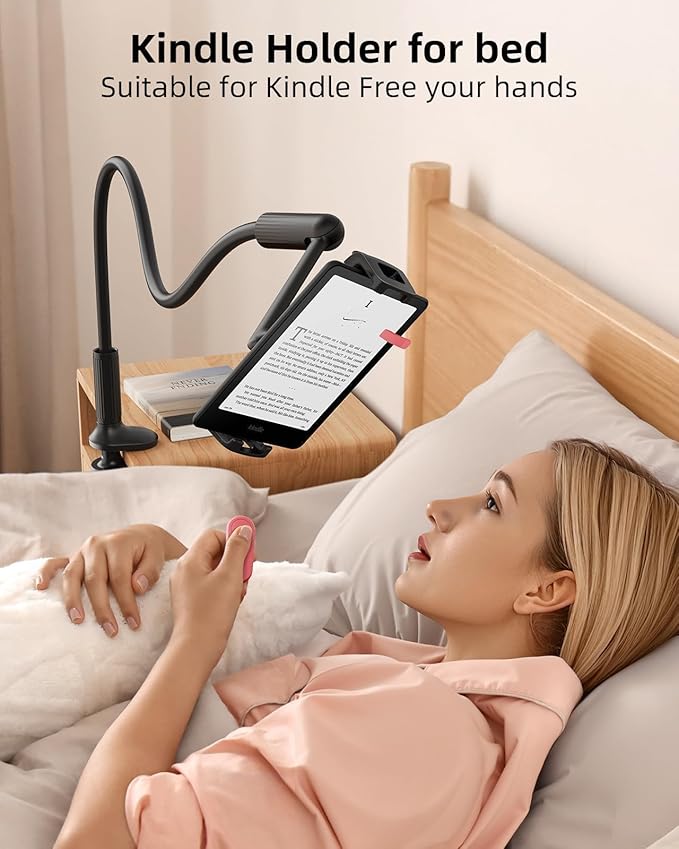 SAIJI 47" Gooseneck Kindle Holder, Tablet Holder for Bed with Upgraded Base, iPad Stand with Flexible Lazy Arm, Compatible with iPad mini Pro Air, Kindle, Galaxy or Other 4.7-11" Device (Black)