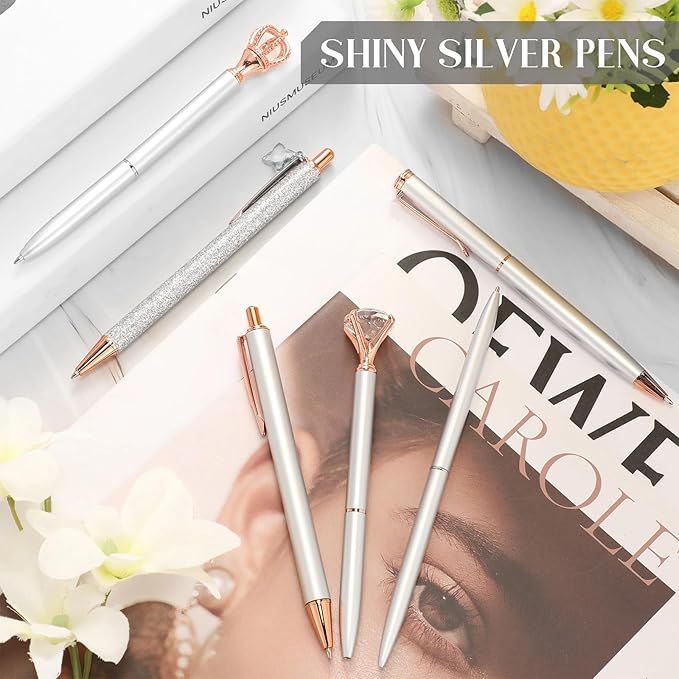 6 Pcs Ballpoint Pens Set Metal Crystal Diamond Pen for Journaling Glitter Pretty Cute Stationery Black Ink Fancy Gifts for Women Girls Teacher Office Wedding School Supplies(Silver)