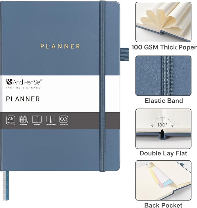 And Per Se Undated Planner – A5 Leather Hardcover Weekly & Monthly Goal Planner for 72 Weeks (1.5 Years) – with Goal & Habit Tracker (Dark Blue)
