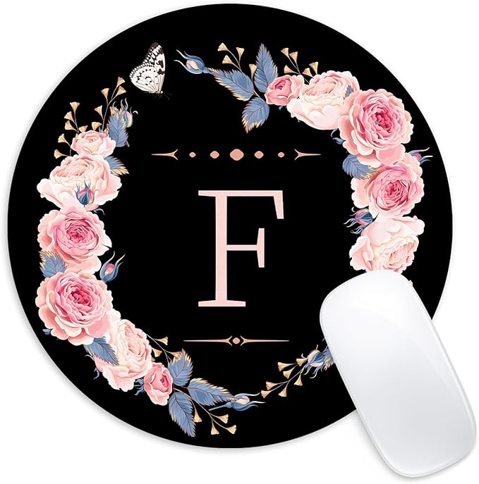 Letter F Black and Pink Flowers Round Mouse Pad,Funny Small Mouse Pad with Non-Slip Rubber Base,Mouse Mat,Home Office Decor Desk Accessories,8.7inch Round Mouse Pad