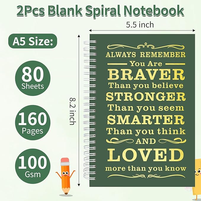 2Pcs Blank Spiral Notebook,Inspirational Gifts A5 Hardcover Sketch Book,Art Sketchbook for Drawing, Unlined, Plain Sketch Book for Women Men Work Writing,160 Pages (2, Blank Page Dark Green)
