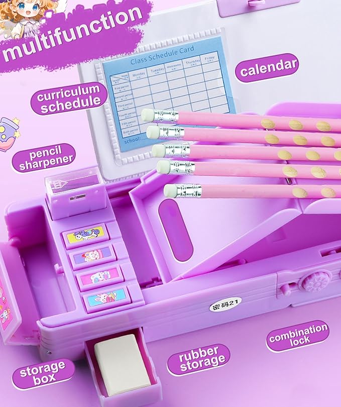 Pop up Multifunction Pencil case for Kids kawaii Pencil Case Pencil Holder for School Students supplies for girls Cute Pencil box for Girls with Sharpener Password Lock Schedule Whiteboard (purple)