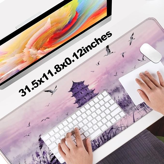 Purple Fantasy Tower and Egret XL Large Desk Mat, Extended Long Desk Pad for Gaming and Office, Non-Slip Rubber Base, Comfortable Surface Mouse Pad, 31.5x11.8 in (H25)