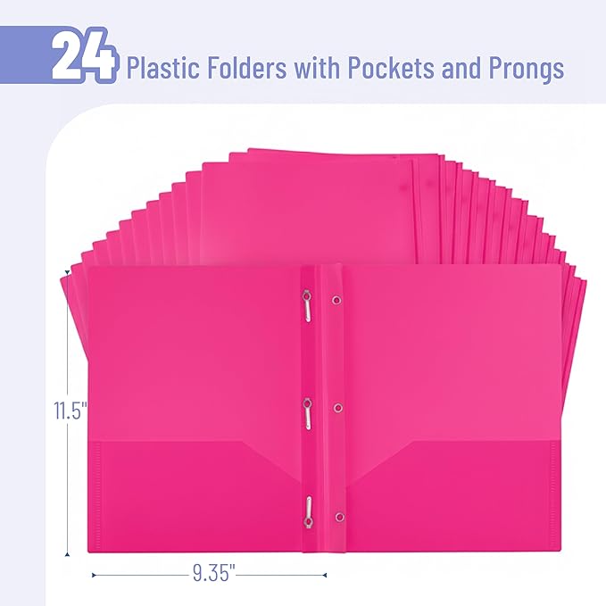 Mr. Pen- Plastic Folders with Pockets and Prongs, 24 Pack, Letter Size, Pink, Flexible Plastic Folders with Prongs