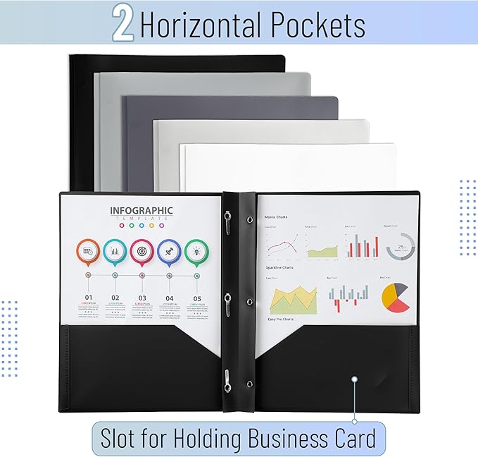 Mr. Pen- Plastic Folders with Pockets and Prongs, 5 Pack, Letter Size, Flexible Plastic Folders with Prongs, Black and White Theme