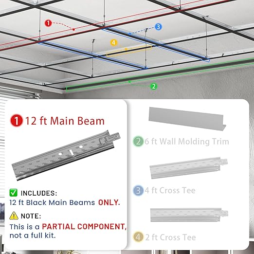 25 PCS 144 Inch Main Beam Cross Tee Drop Ceiling Grid System, 12 Ft Galvanized Steel Rust & Fire Resistance, Ideal for Basement Living Room Garage Kitchen Bathroom Black