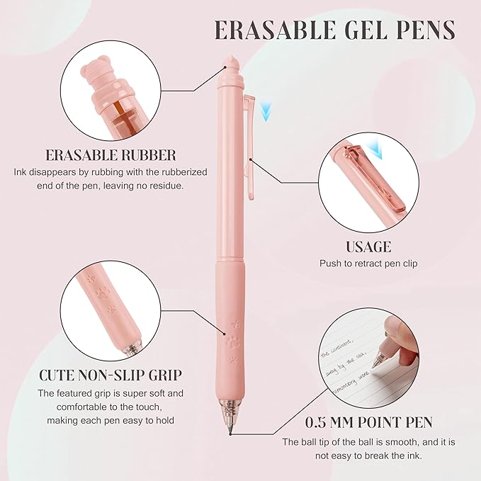 Linbsunne Erasable Pens 0.5mm Gel Ink Pens for School Office Fine Point Pens Smooth Writing Work Pen with Erasers (12-count,Black Ink)