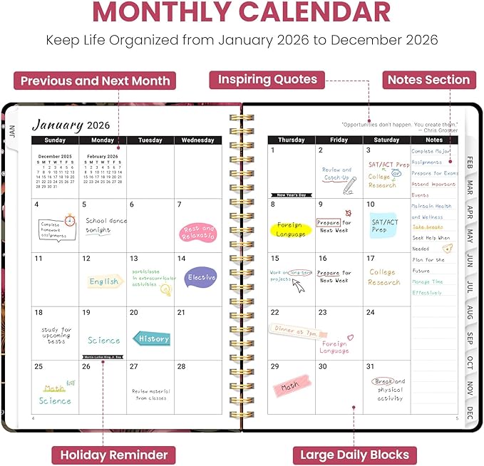 2026 Planner, Weekly and Monthly Planner for Women, Jan 2026 - Dec 2026 Pretty 2026 Calendar Planner with Monthly Tabs, Inner Pocket, Spiral Binding, Perfect for Office Home School - 6.3" x 8.5", Crimson Floral