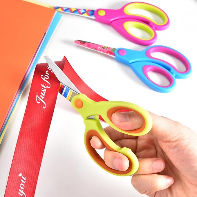 Kids Scissors - Safety Toddler Children Scissors with Blunt Tip - Fun Print Blade - Soft Grip, Great for DIY, Arts, Home, School Classroom Supplies, Assorted Color, 6-Pack