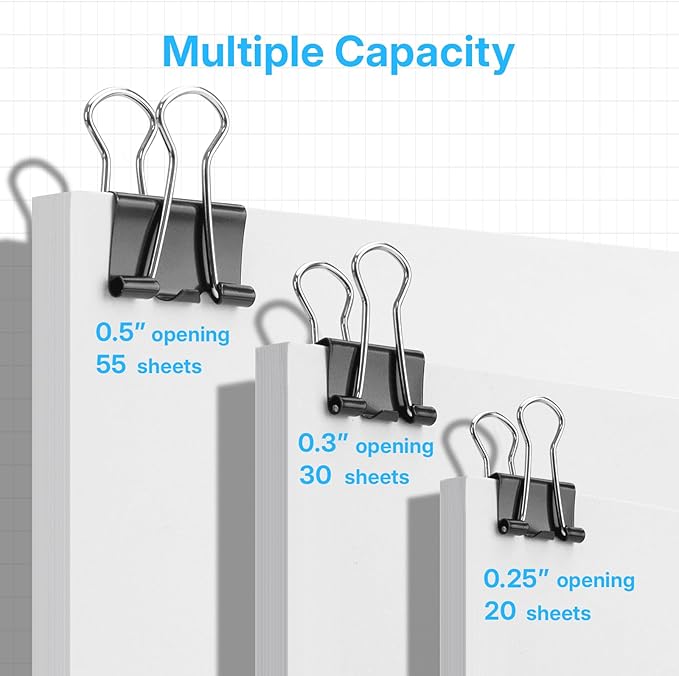 OWLKELA 200 Pcs Black Binder Clips, Paper Clamps, Paper Binder Clip, Assorted Sizes, Metal Black Binder Clips, Ideal for Office, Home and School Supplies