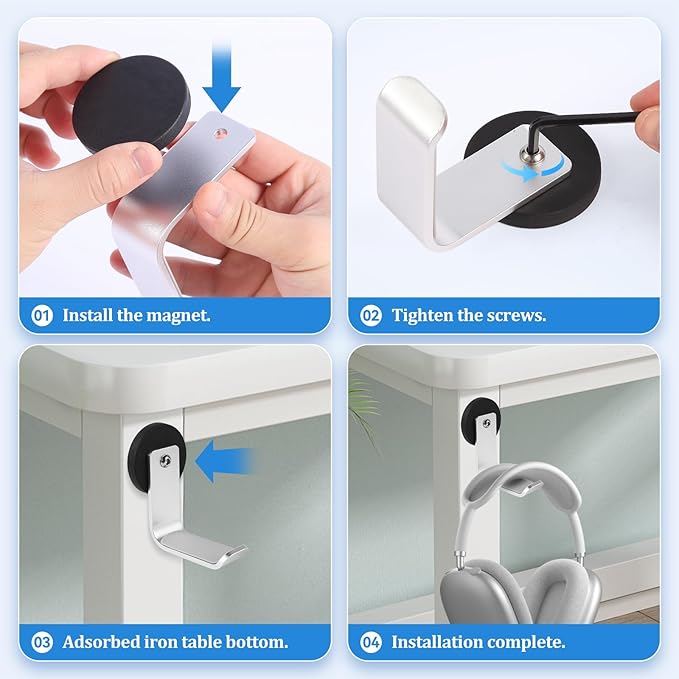 Magnetic Headphone Holder, Aluminum Headset Hooks, Headphone Hanger for Desk & Table, Headphone Mount Stand with Rubber Pad, Compatible with All Computer/Gaming Headsets (Silver)