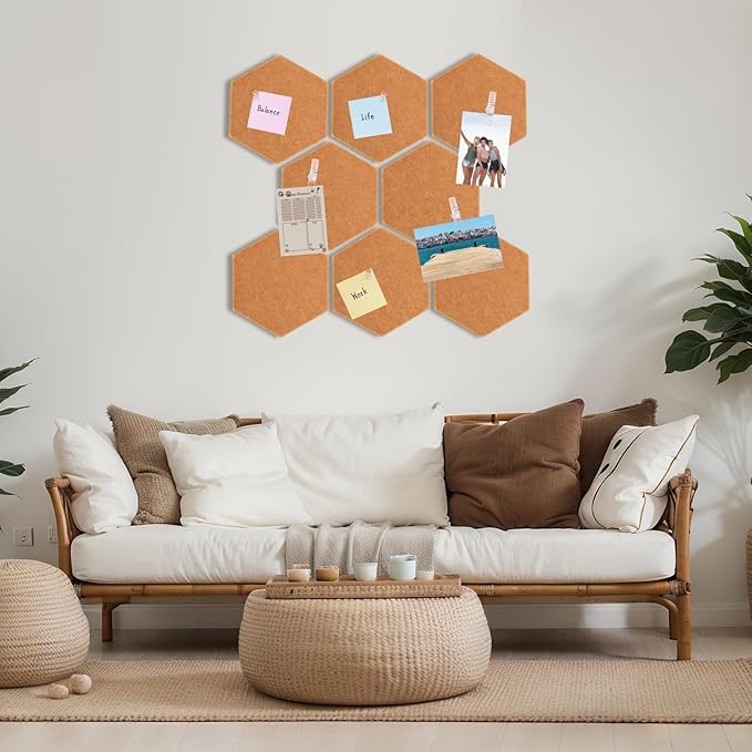 8 Pcs 12" Large Hexagon Felt Cork Board Tiles Self Adhesive DIY Bulletin Board Pin for Office Home Wall Decor Stickers Memos Photos Display with 10 Multi-Color Clip Drawing Pins(Yellow)