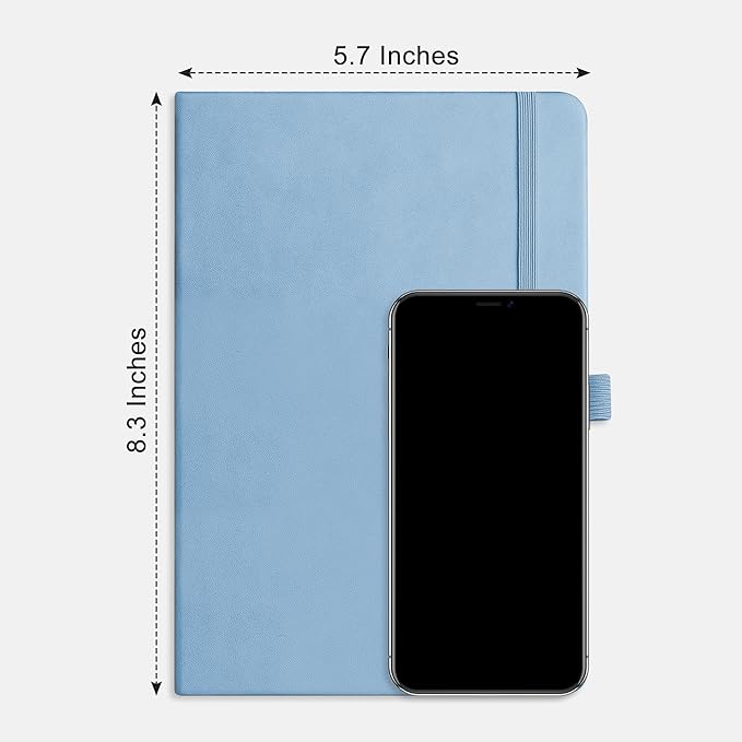 RETTACY Dotted Journal Notebook, 192 Pages, A5 Medium Size (5.7'' x 8.3''), Leather Hardcover, 100 GSM Thick Paper, for Bullet Journaling, Planning, Tracking (Light Blue)