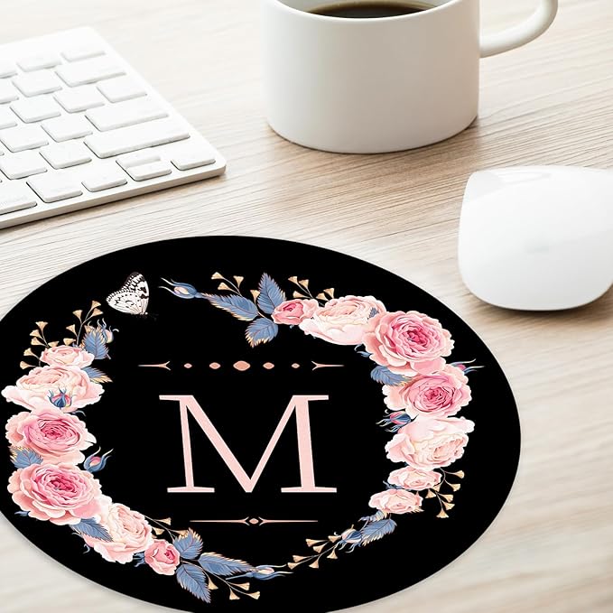 Letter M Black and Pink Flowers Round Mouse Pad, Funny Small Mouse Pad with Non-Slip Rubber Base, 8.7inch Round Mouse Mat for Home Office Decor