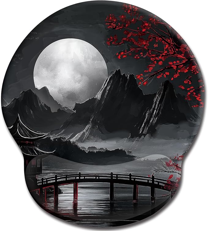 Japanese Mouse Pad with Wrist Rest, Full Moon Ergonomic Mouse Pad Wrist Support with Non-Slip Pain Relief PU Base, Funny Computer Mousepad, Japanese Style Office Home Desk Accessories Decor
