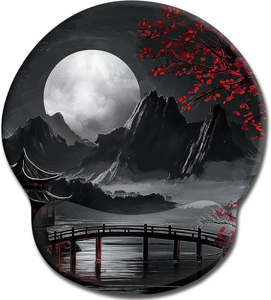 Japanese Mouse Pad with Wrist Rest, Full Moon Ergonomic Mouse Pad Wrist Support with Non-Slip Pain Relief PU Base, Funny Computer Mousepad, Japanese Style Office Home Desk Accessories Decor
