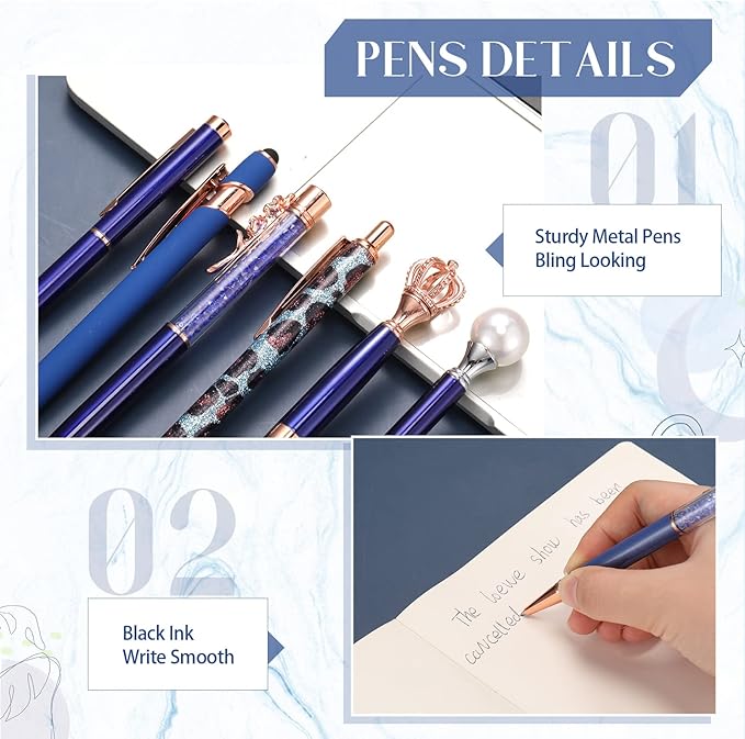 Janmini 9 Pcs Ballpoint Pens Set Metal Crystal Diamond Pen Glitter Pens for Journaling, Writing, Gifts, Women, Girls, Christmas, Birthday, Office Desk, Dark Blue
