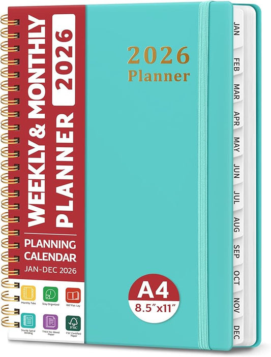 2026 Planner, Weekly and Monthly Calendar Planner, January 2026 - December 2026, Hardcover 2026 Calendar Book with Tabs For Women & Men, Inner Pocket, Spiral Bound, Perfect for Office Home School Supplies - A4 (8.5" x 11"), Aquamarine