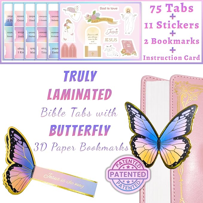 Bible Tabs with 3D Butterfly Paper Bookmark, Laminated Bible Tabs for Women, Christian Gifts, Large Print Bible Index Tabs, Bible Study Supplies (Rainbow2)