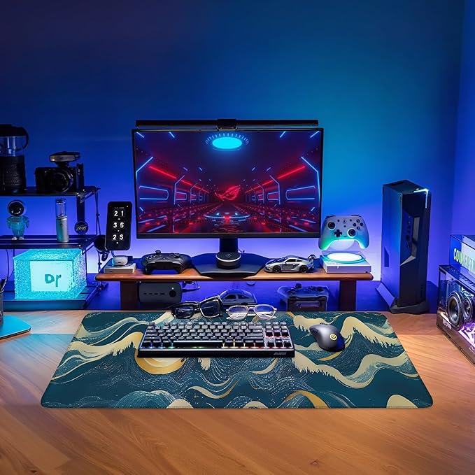 Abstract Waves Extended Mouse Pad XL 31.5"x11.8" – Elegant Blue Gold Desk Mat – Non-Slip Rubber Base, Stitched Edges