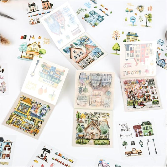 40 Sheets Small Scrapbook Sticker Books for Scrapbooking, Nordic Town Them Watercolor Scenery Stickers for Journaling, Junk Journal Supplies, Bujo, Crafts Arts