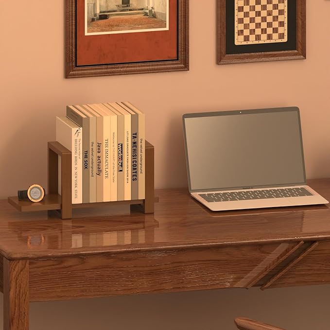 Adjustable Desktop Bookshelf, Retro Tabletop Bookshelf, Desk Shelf for Top of Desk in Living Room, Home, Office, Perfect for Magazine, Books, Cookbooks, No Tools Required to Assemble (Walnut Brown)