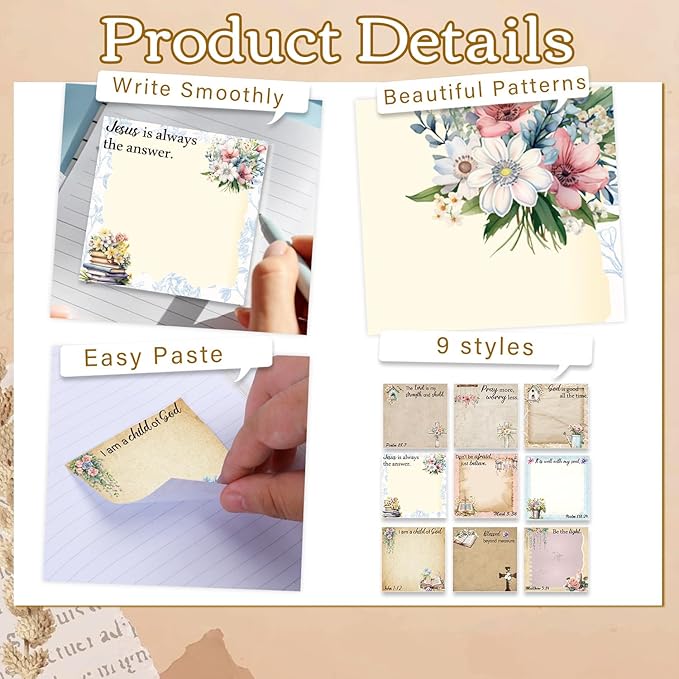 Floral Bible Sticky Notes Gifts - 9 Pack Vintage Flower Bible Verse Notepads 3x3 Inches, Religious Faith Gifts for Christian Women, Biblical Memo Pads School Office Supplies (450 Sheets)