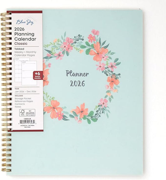 Blue Sky 2026 Weekly and Monthly Planner Calendar, January 2026 - December 2026, 8.5" x 11", Flexible Cover, Laminated Tabs, Durable Twin Wire Binding, Storage Pocket, Laurel