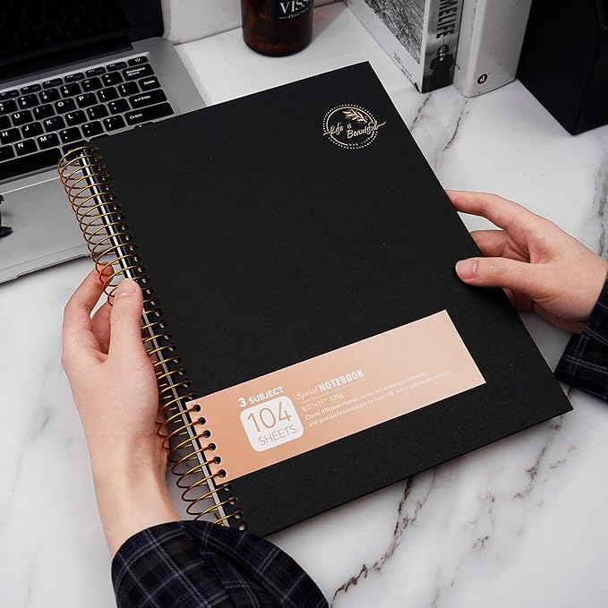 8.5 x 11 Large Spiral Notebook 3 Subject Spiral Notebook Hardcover Spiral Notebook for note taking 120 Sheets College Ruled Journal for School Office Supplies Writing Journal,Black
