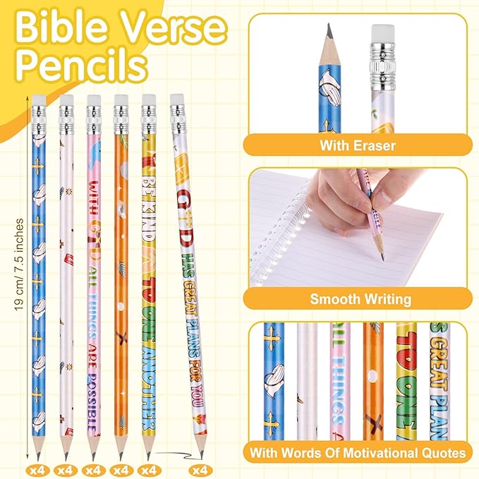 Crtiin Easter 48 Pcs Include 24 Bible Verse Notepad 24 Pencils Kids Christian Church Gifts Students Classroom Award Religious Notebook Bible Pencils Prayer Pocket School (White Jesus,White)