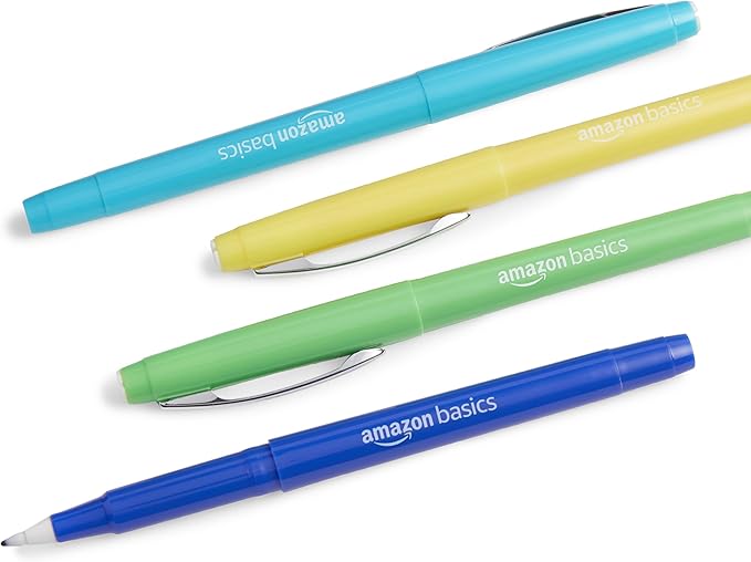 Amazon Basics Felt Tip Marker Pens, Assorted Colors, No-Fray Felt Tip, Smear-Proof, for Writing, Drawing, Journaling and Note Taking, 24-Pack